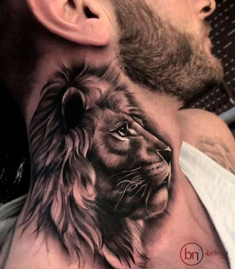 Tatuagem No Pescoço Masculino: 50 Ideias Incríveis 53 tatuagem no pescoço com desenho de um leão