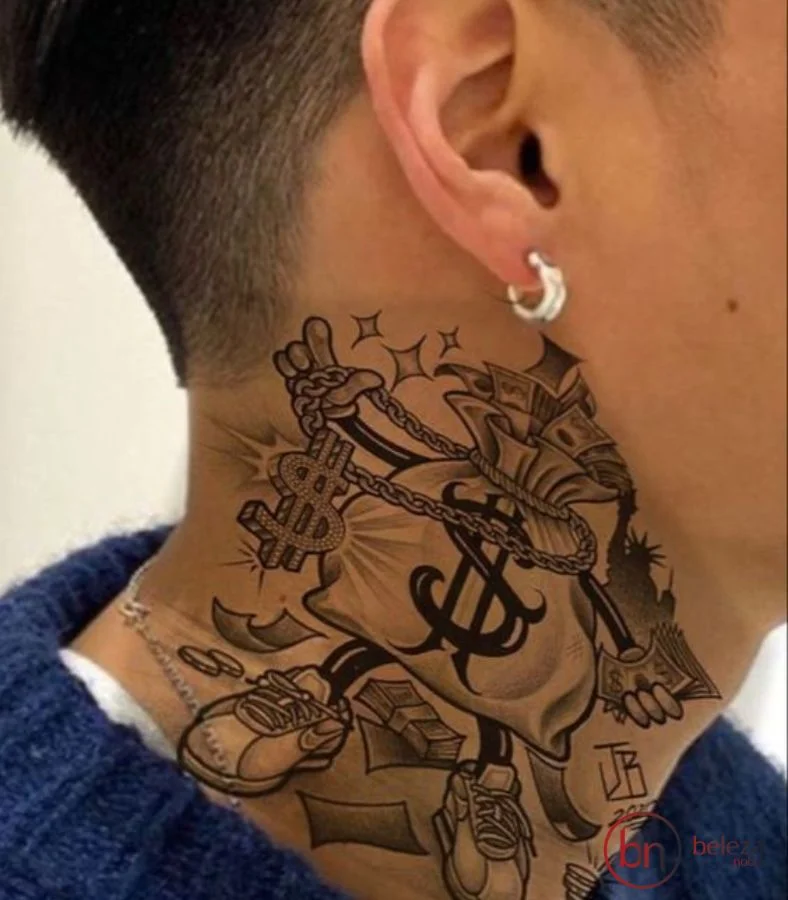 Tatuagem No Pescoço Masculino: 50 Ideias Incríveis 25 tatuagem no pescoço masculino com desenho de saco de dinheiro